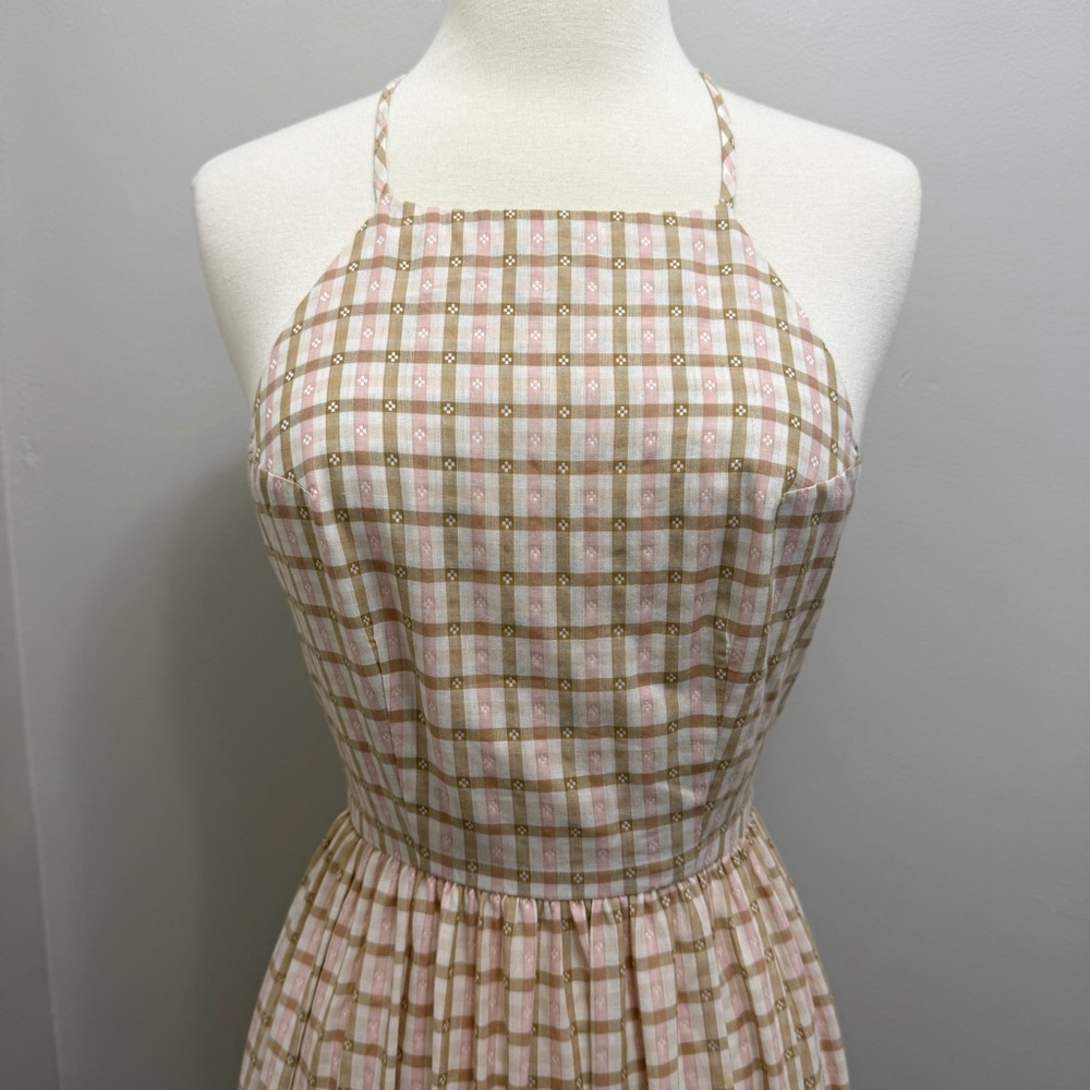 *SOLD*Christy Dawn Delphine Midi Tiered Sun Dress in Snapdragon Gingham Pink Tan - Picture 4 of 11
